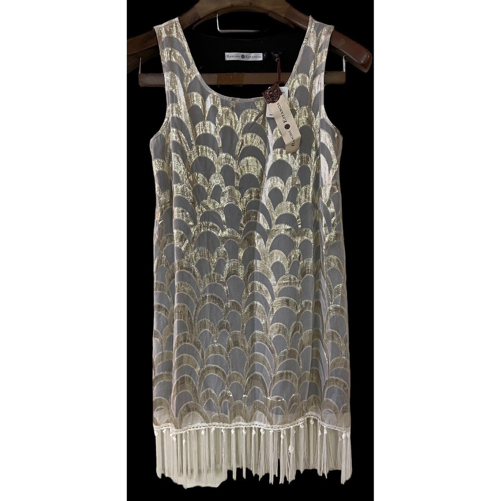 NWT Rancho‎ Estancia Silk White Gold Metallic Sleeveless Fringed Flapper Dress S